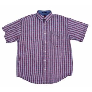Tommy Jeans Plaid Button Up Shirt Mens Size L Red Blue Short Sleeve Cotton